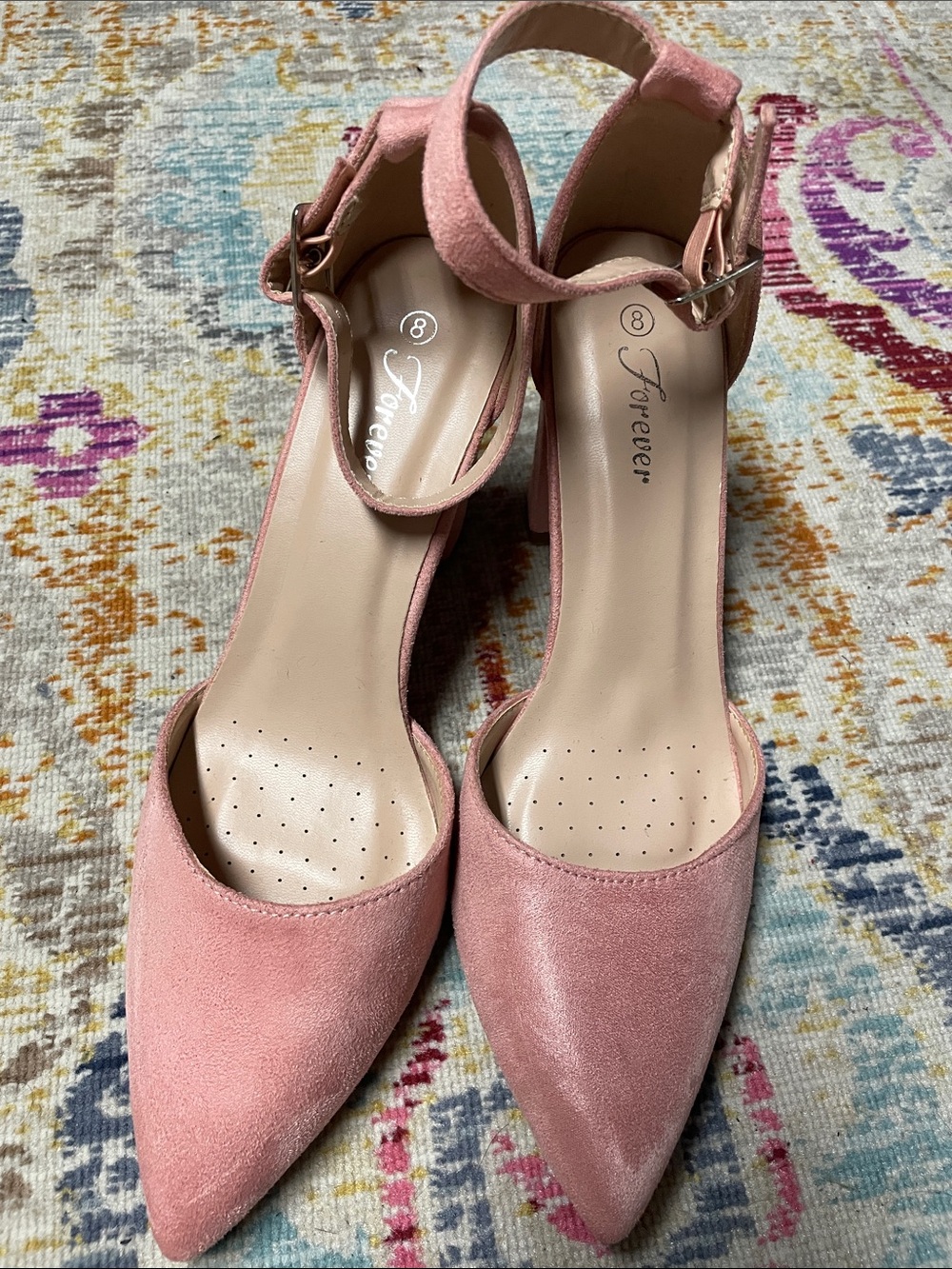Forever Pink Suede Ankle Strap Pointed Toe Block Heels Size 8